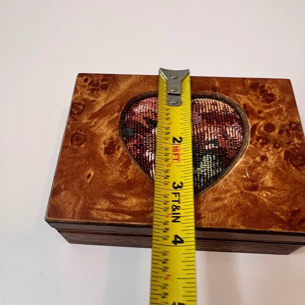 Vintage Burl Wood Heart Needlepoint Jewelry Box Small Mirrored Keepsake Case
